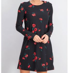 NWT Mango Vera Black and Red Floral mini long sleeve dress